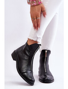 Čierne kožené dámske členkové topánky Nicole na plochých podpätkoch