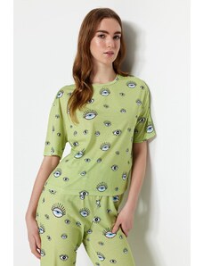 Trendyol Green Eye Patterned T-shirt-Pants Knitted Pajamas Set