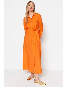 Trendyol Modest Oranžové košeľové šaty s detailným vreckom z tkaného plátna