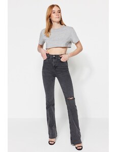 Trendyol Collection Šedé roztrhané detailné džínsy s vysokým pásom