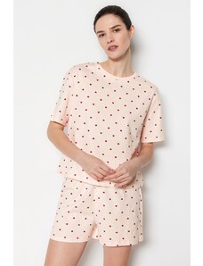 Trendyol Collection Svetloružová 100% bavlna Tričko so vzorom srdca-Šortky Pletené pyžamá Súprava