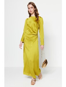 Trendyol Modest Oil Green Gather Detailed Saténové večerné šaty