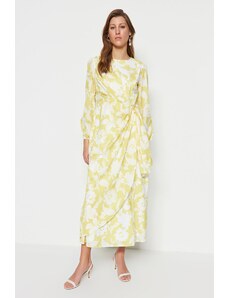 Trendyol Modest Žlté večerné šaty s kvetinovým vzorom v páse