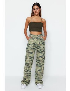 Trendyol Viacfarebné Ribstop Camouflage Print Široký pás džínsy so širokými nohavicami s nákladným vreckom
