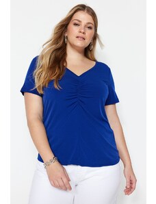 Trendyol Curve Sax Gathered Short Sleeve Knitted Blouse