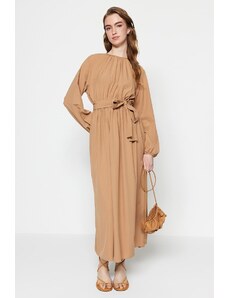 Trendyol Camel Belted Shirring detailná padáková tkanina širokého strihu tkané šaty