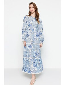 Trendyol Modest Modré tkané šaty z Guipure s kvetinovým vzorom