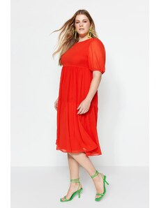 Trendyol Curve červené tkané šifónové šaty s balónovými rukávmi