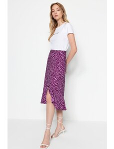 Trendyol Purple Printed High Waist Midi Elastic Knitted Skirt with Ruffles and Ruffles