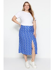 Trendyol Curve Modrá tkaná viskózová sukňa s kvetinovým vzorom