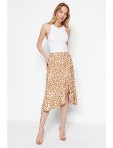 Trendyol Collection Béžová pletená sukňa so zvieracou potlačou s vysokým pásom, midi Stretch s detailom a volánikom