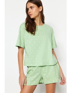 Trendyol Collection Mint 100 % bavlna Tričko so vzorom srdca-Šortky Pletené pyžamá Súprava