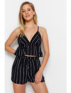 Trendyol Black Striped Back Detail Viscose Undershirt-Shorts Woven Pajamas Set