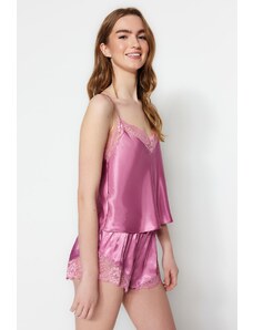 Trendyol Pink Lace Detailed Satin Undershirt-Shorts Woven Pajamas Set
