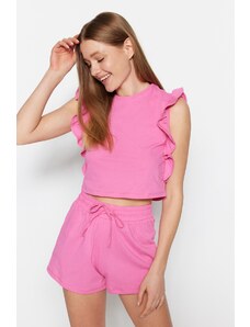 Trendyol Collection Ružové volánikové tričko-Šortky zo 100% bavlny Pletené pyžamá súprava