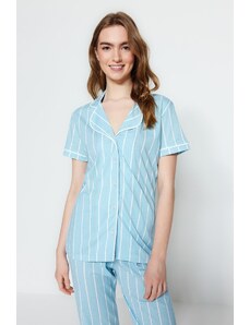 Trendyol Collection Svetlomodrá bavlnená prúžkovaná lemovka s podrobnými spánkovými páskami Pletená pyžamová súprava