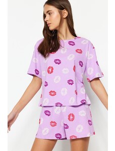 Trendyol Collection Lilac 100% bavlna so vzorom na pery Tričko-Šortky Pletené pyžamá Súprava