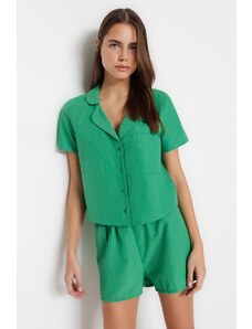 Trendyol Green Terrycotton Shirt-Shorts Woven Pajamas Set