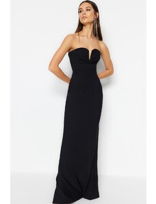 Trendyol Collection Čierne lemované pletené lesklé dlhé večerné šaty