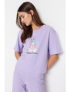 Trendyol Collection Lilac 100% bavlna Zábavné tričko-nohavice s potlačou Pletené pyžamové súpravy