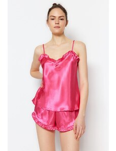 Trendyol Fuchsia Frilly Satin Singlet-Shorts, Woven Pajamas Set