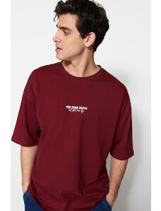 Trendyol Collection Claret Red Oversize/široký strih 100% bavlna Tričko s minimálnym textom