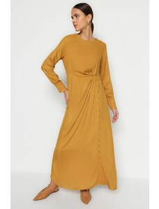 Trendyol Camel Waist 100% viskózové tkané šaty s košeľou potiahnutým gombíkom detailné