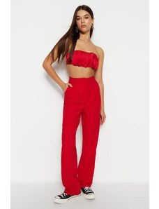 Trendyol červený rovný strih, široké nohavice, plisované tkané nohavice