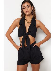 Trendyol Black Woven Tie Blouse and Shorts Set