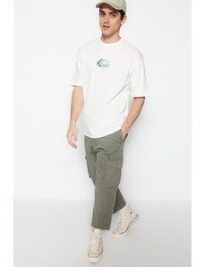Trendyol Collection Ecru uvoľnený/pohodlný strih s krátkym rukávom s potlačou 100% bavlna tričko