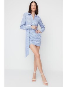 Trendyol X Sagaza Studio Modré dvojradové golierové detailné poplínové šaty