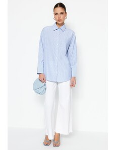 Trendyol Light Blue Wide Cuff Woven Cotton Striped Shirt