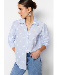 Trendyol Blue Striped Floral Cotton Woven Shirt