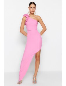 Trendyol Collection Ružové tkané dlhé večerné šaty