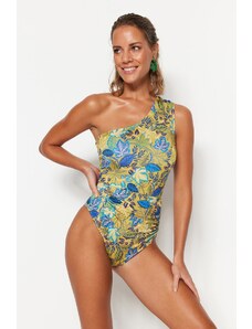 Trendyol Collection Kvetinové vzorované plavky s jednoduchými nohavicami na jedno rameno
