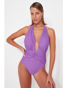 Trendyol Purple plisované pravidelné plavky s hlbokým výstrihom