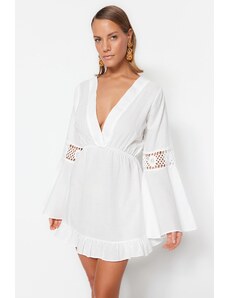 Trendyol Collection Biele mini tkané čipkované 100% bavlnené plážové šaty