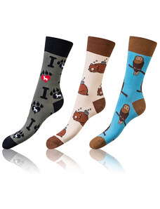 Bellinda CRAZY SOCKS 3x - Zábavné crazy ponožky 3 páry - tmavo hnedá - červená - modrá