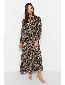 Trendyol Čierne leopardie vzorované tkané košeľové šaty