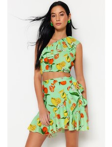 Trendyol Fruit Patterned Woven Ruffle One-Shoulder Blouse and Skirt Set