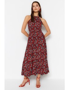 Trendyol Collection Viacfarebný kvetinový vzor s ohlávkou na krku s potlačou A-Line Maxi pletené šaty
