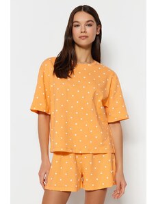 Trendyol Collection Oranžová 100 % bavlna so vzorom srdca Tričko-Šortky Pletené pyžamá Súprava