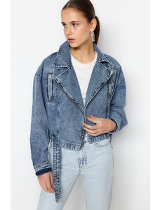 Trendyol Collection Modrá detailná motorkárska džínsová bunda na zips