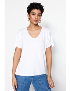 Trendyol White Viscose Basic V-Neck Knitted T-Shirt