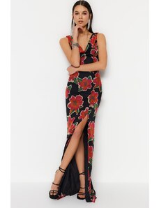 Trendyol Collection Viacfarebné lemované šifónové dlhé večerné šaty s kvetinovou potlačou