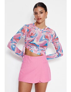 Trendyol Multicolored Printed Shirring Detailed Crew Neck Basic Crop Stretchy Tulle Knitted Blouse