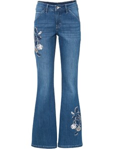 bonprix Zvonové džínsy s kvetovanou výšivkou, farba modrá