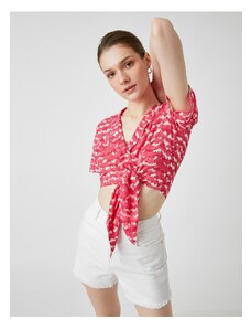 Koton Patterned Crop Blouse with Tie Detailed Shirt Collar