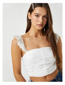 Koton Crop Top Embroidered Ruffled Straps Detailed Pleated Square Collar