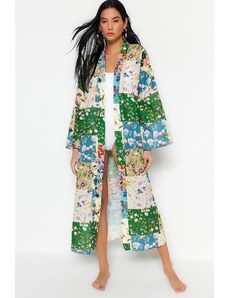 Trendyol Collection Kvetinovo vzorované pásové maxi tkané kimono a kaftan 100% bavlna
